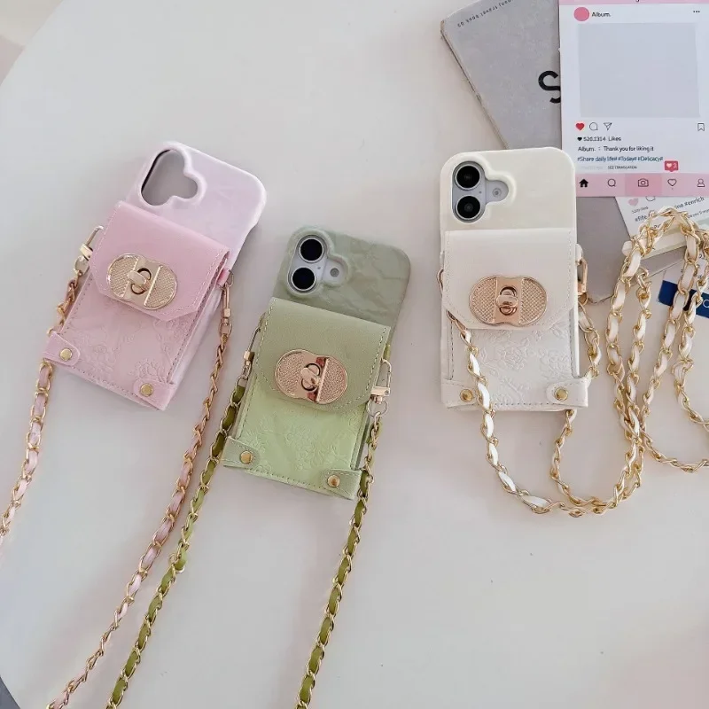 

New Suitable for iPhone 16plus Phone Case with Lychee Pattern 15pro Coin Card Bag 14 Metal Chain 13 flannel 1211 Protective Case