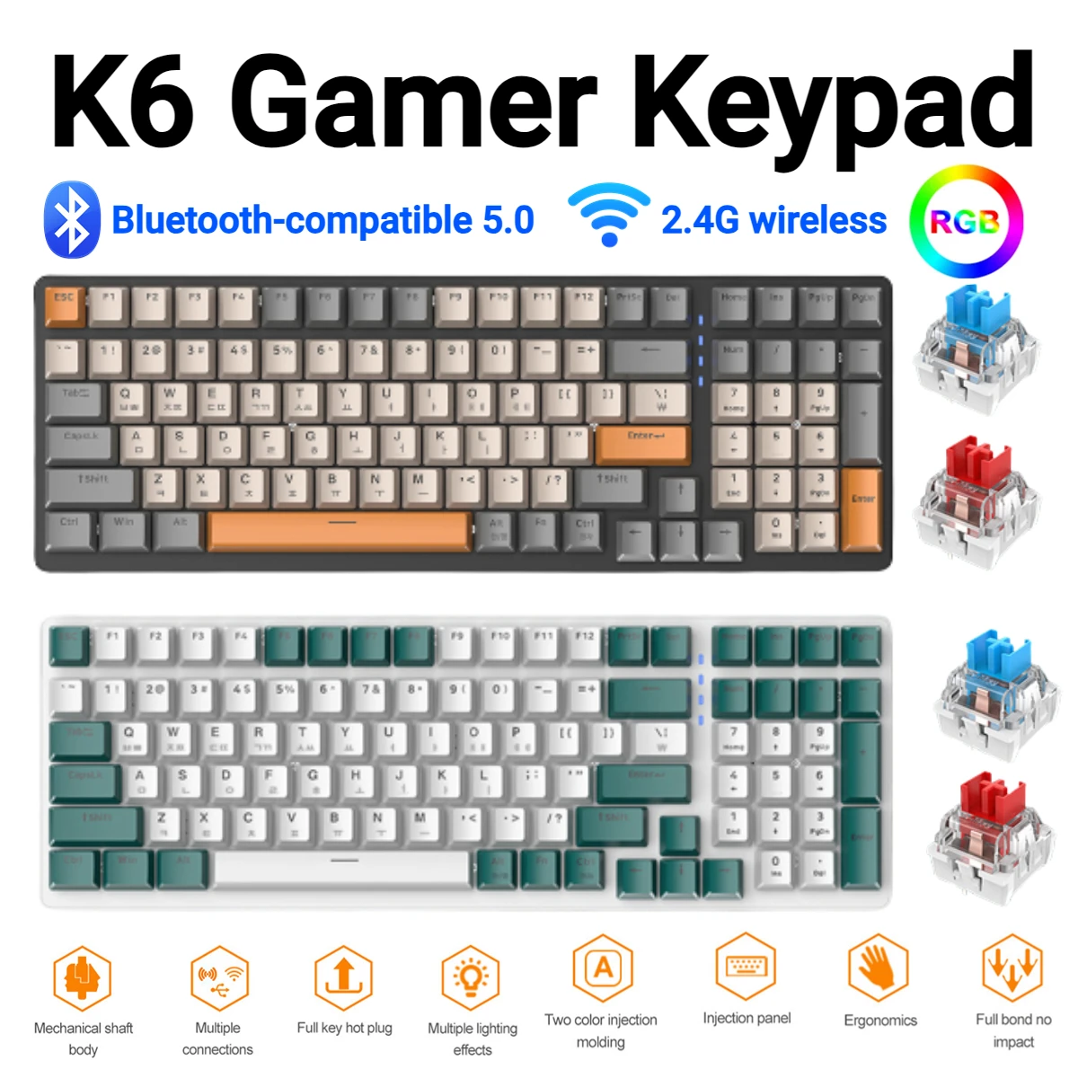 K6 Mechanical Keyboard USB Type-C Bluetooth-compatible Gaming Keyboard Wireless 2.4G 100 Keys Hotswap Gamer Keypad for PC Laptop