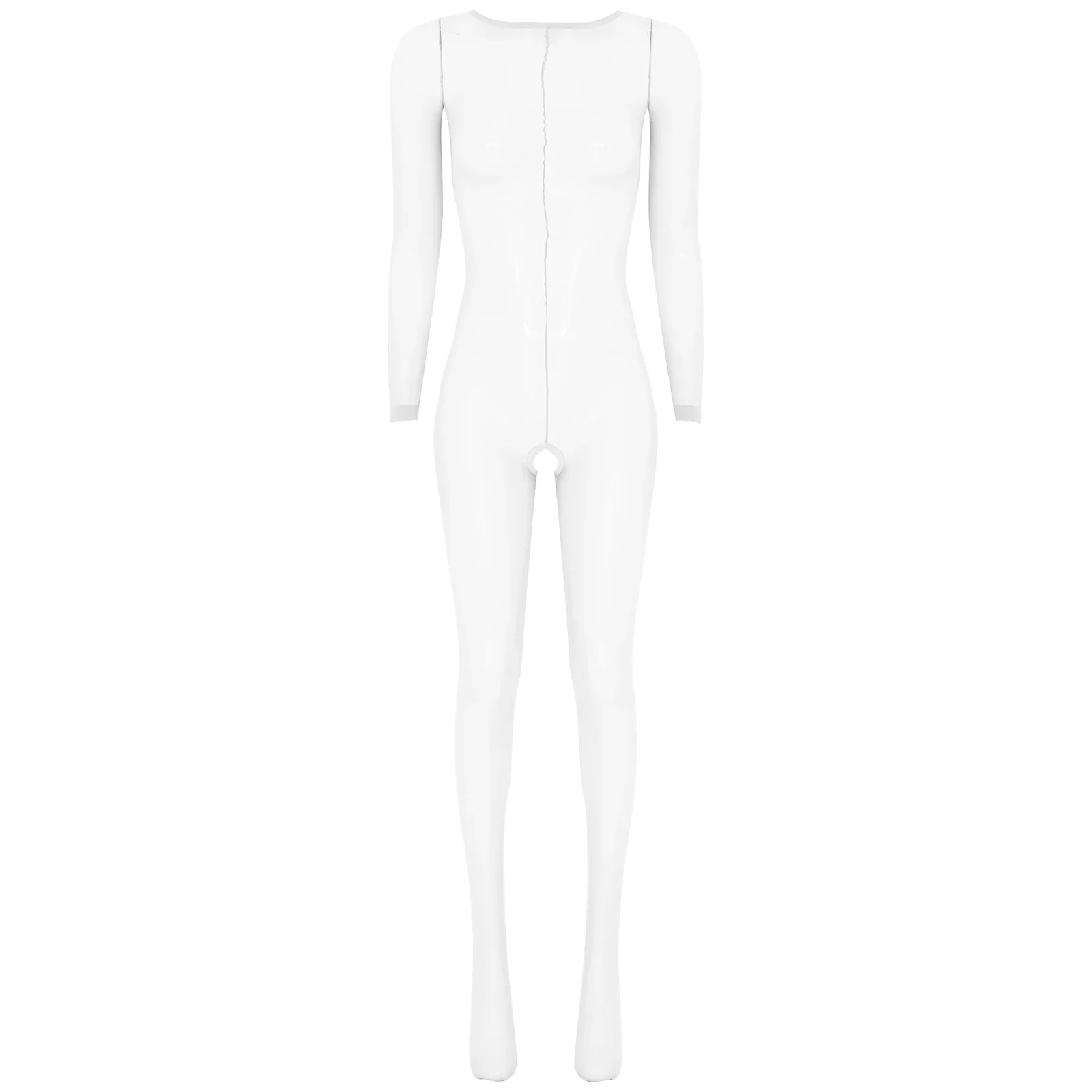 สตรี Ultrathin ดูผ่านบอดี้สูทแขนยาว Crotchless เปิดก้น Full-body Bodystocking Unitard Leotard Jumpsuit ชุดนอน