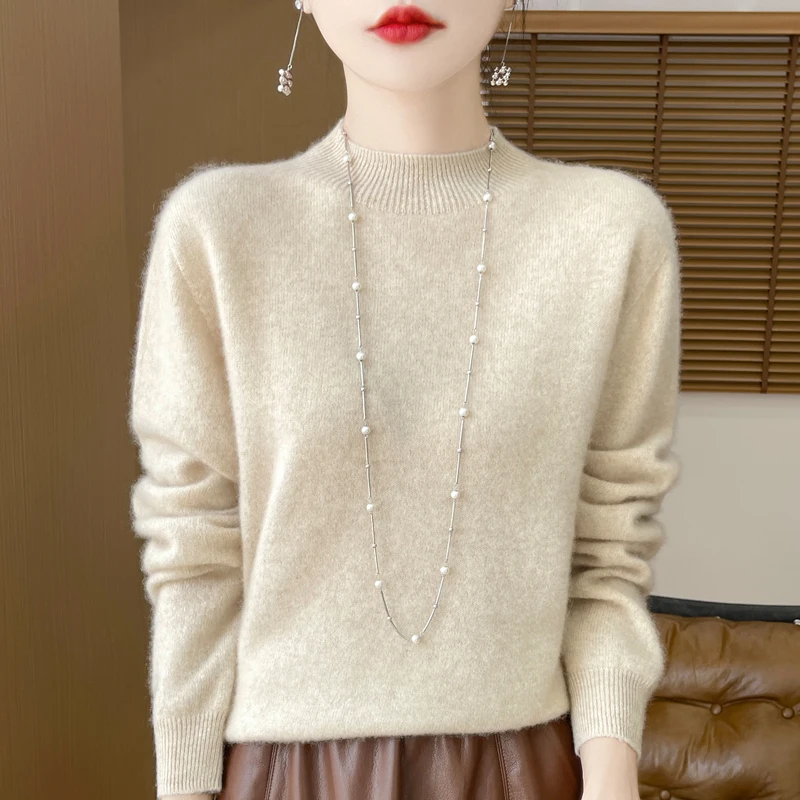 

Autumn Winter Women Clothing Mock-Neck Pullover 100% Merino Wool Sweater New Fashion Cashmere Tops Bottoming Long Sleeve Knitwea