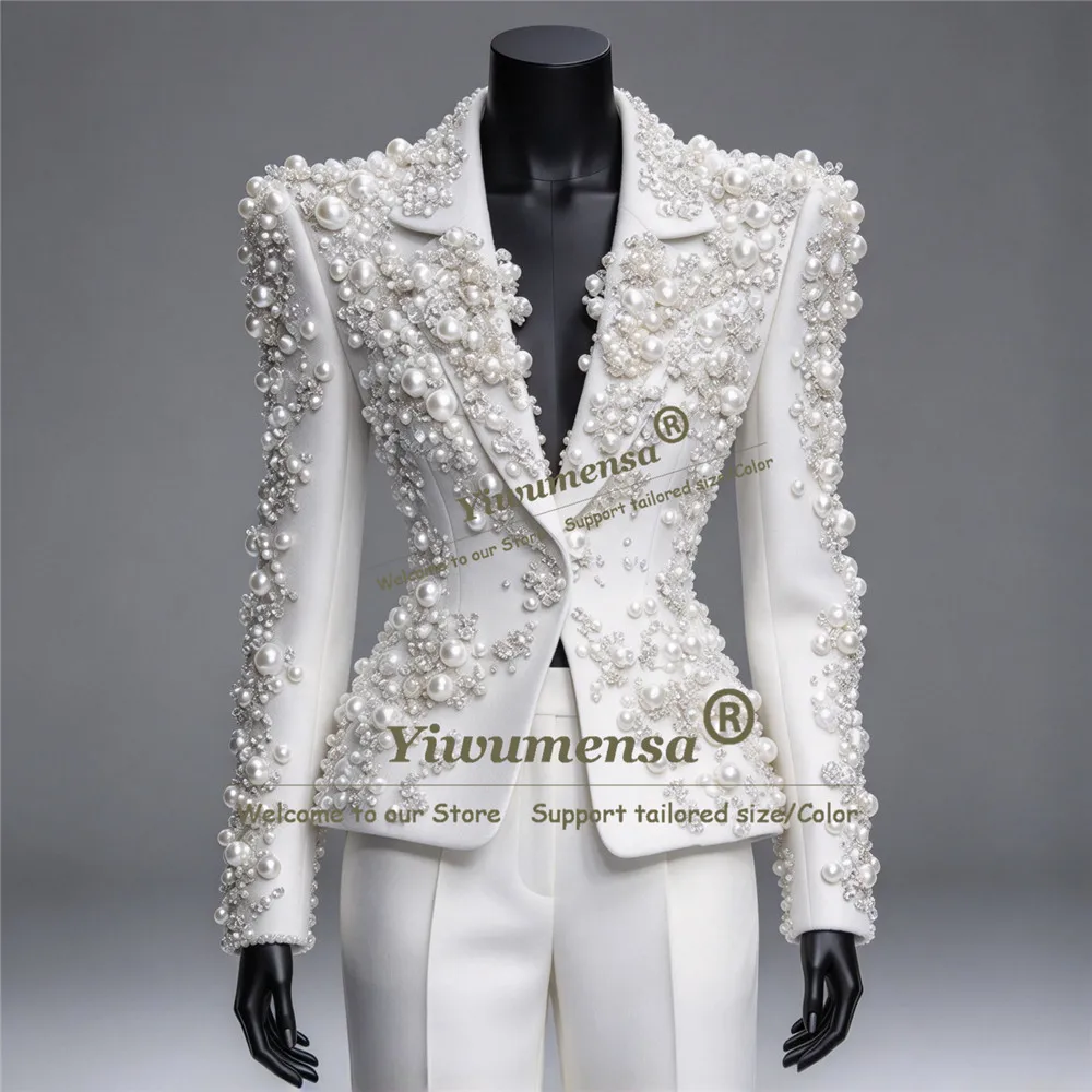 Handmade Wedding Suit For Woman 2 Piece Sets Pearls Jacket Pants Customized Mother Of Groom Party Tuxedo Formal Wear Outfit 2027
