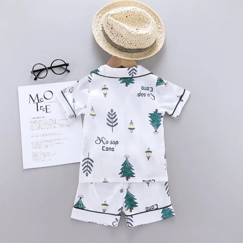 Summer Kids Cartoon Print Satin Sleepwear - 2Pcs Short Sleeve Blouse and Shorts Pajama Set for Boy and Girl