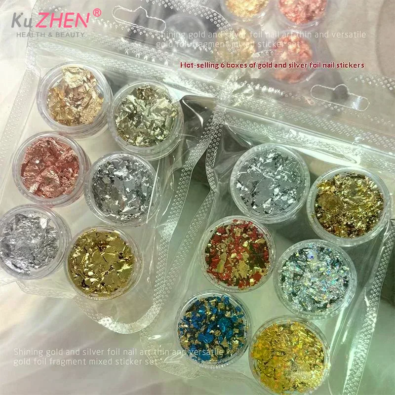 6 Jars Nail Flakes Gold Foil Paper Set Gold Silver Irregular Paillette Nail Art Sequins Decorations Glitter Sticker For Manicure