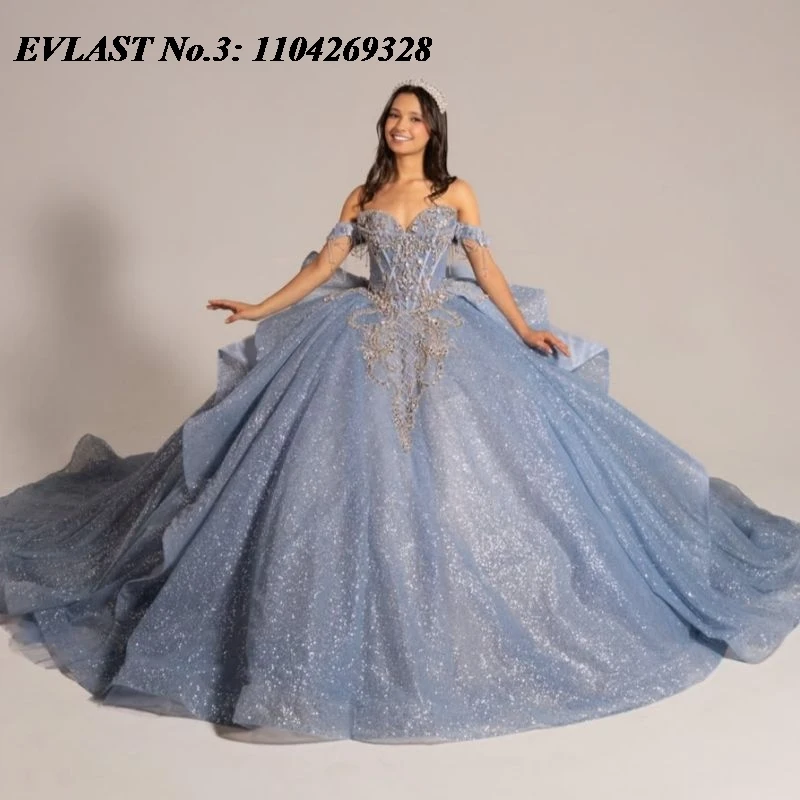 EVLAST Customized Shiny Silver Ball Gown Quinceanera Dress Lace Applique Beaded Crystal Bow Sweet 16 Gown 15 De Años E3Q978