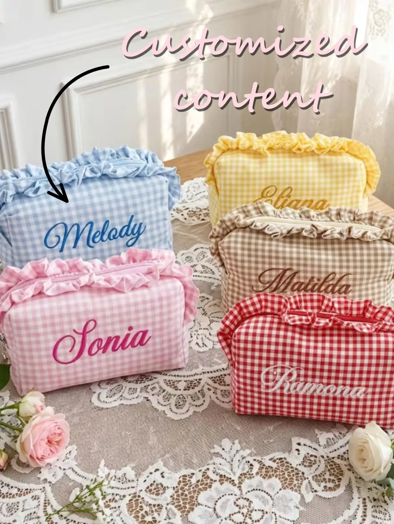 Personalized Plaid Embroidered Makeup Bag, Ruffle Trim Design, Customized Name Print, Multi-Functional Zipper Toiletry Bag