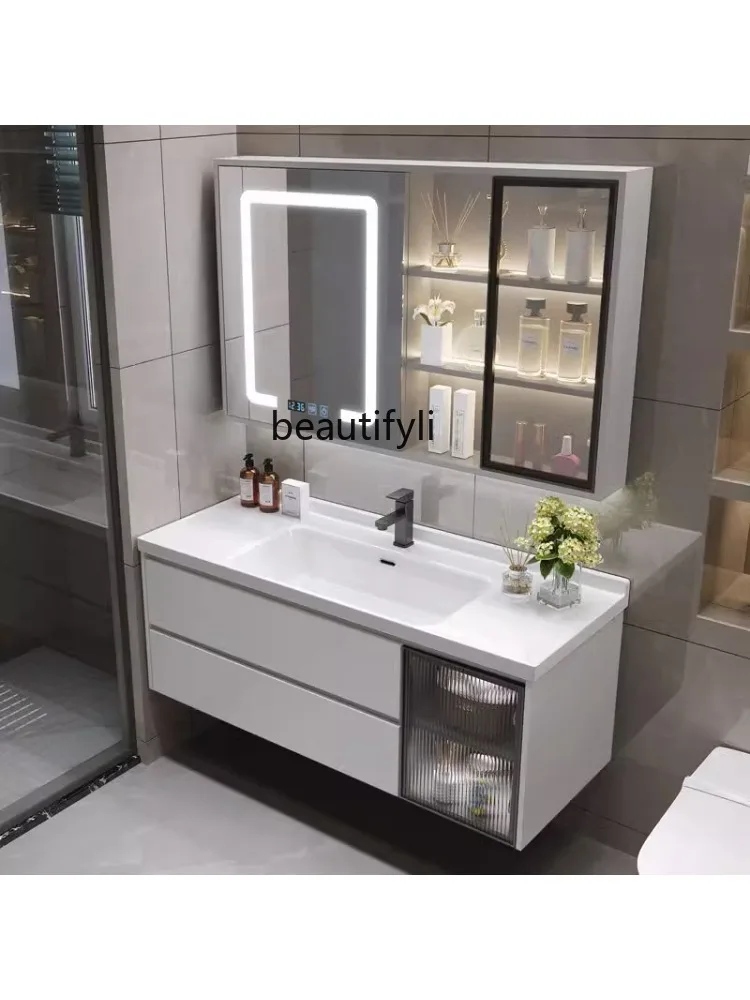 Bathroom Cabinet Combination Wash Basin Wash Mirror Solid Wood Intelligent Modern  Bathroom Ceramic Wash Inter-Platform Basin