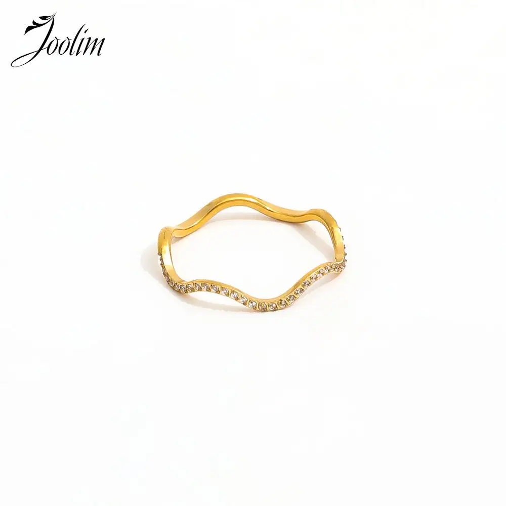 

Joolim Jewelry High End Pvd Wholesale Tarnish Free Dainty Waved Zirconia Half Pave Stainless Steel Finger Ring for Women