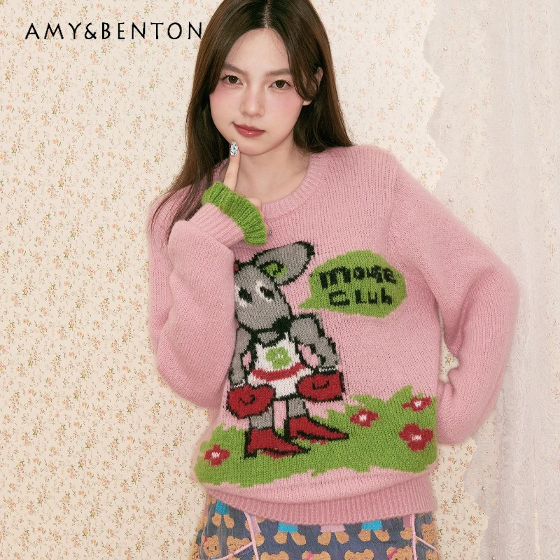 

Осень-зима, новый розовый женский свитер с животным принтом, оригинальный дизайн, винтажные милые универсальные пуловеры с длинными рукавами, женские