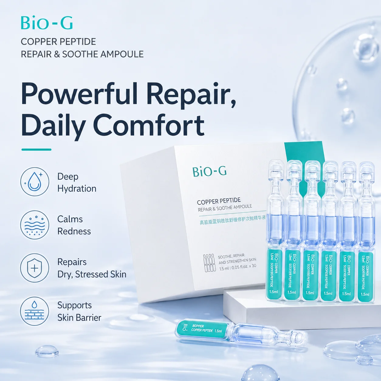 Blue Copper Peptide Repairing Essence Ampoules, Facial Serum for Redness Relief, Moisturizing Firming Skin Care, 30pcs