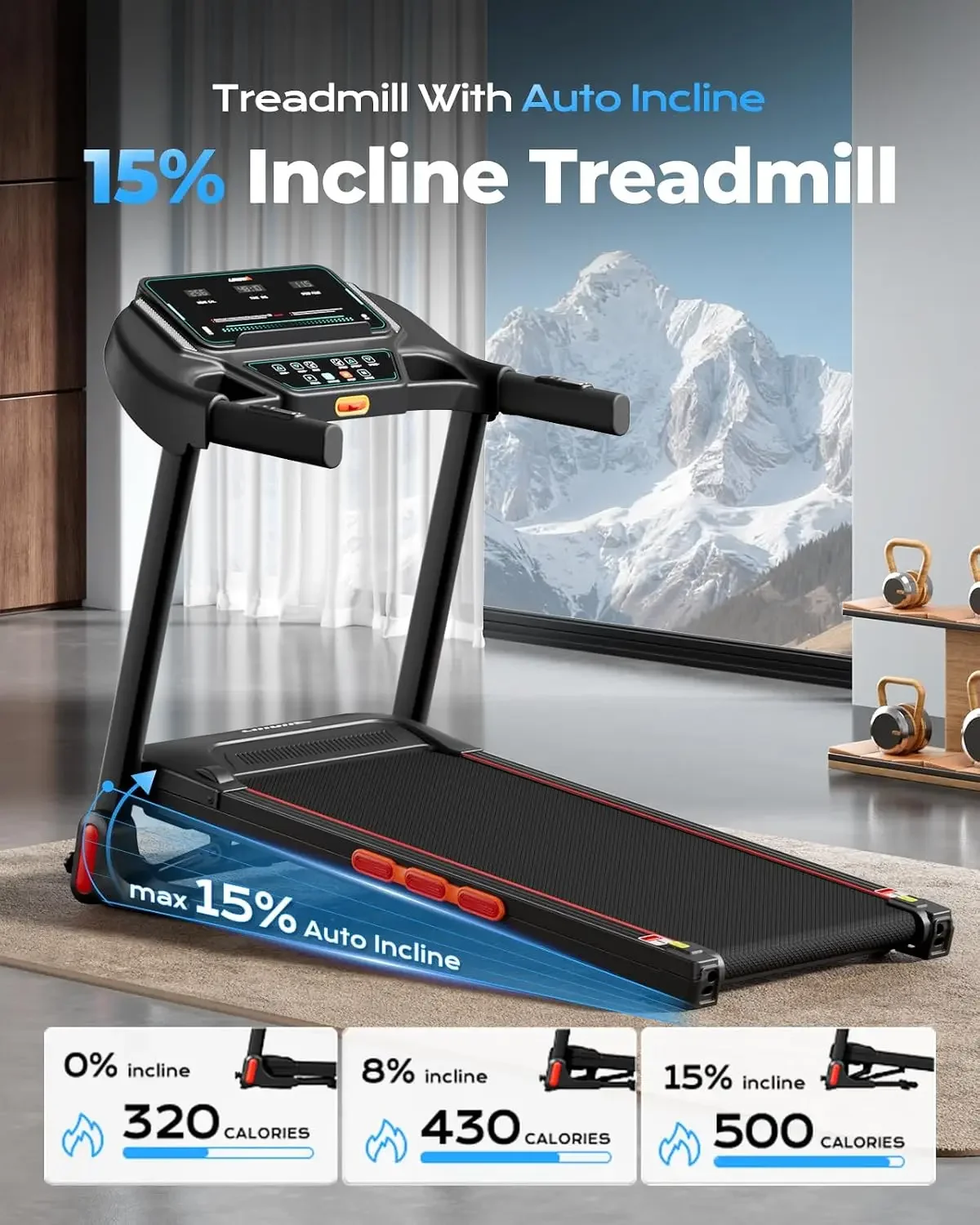 Treadmill for Home, Workout Running Machine | 0%-15% Auto Incline, Max 8.5MPH, 300LBS, 3.0HP, LED Display, Bluetooth Speaker