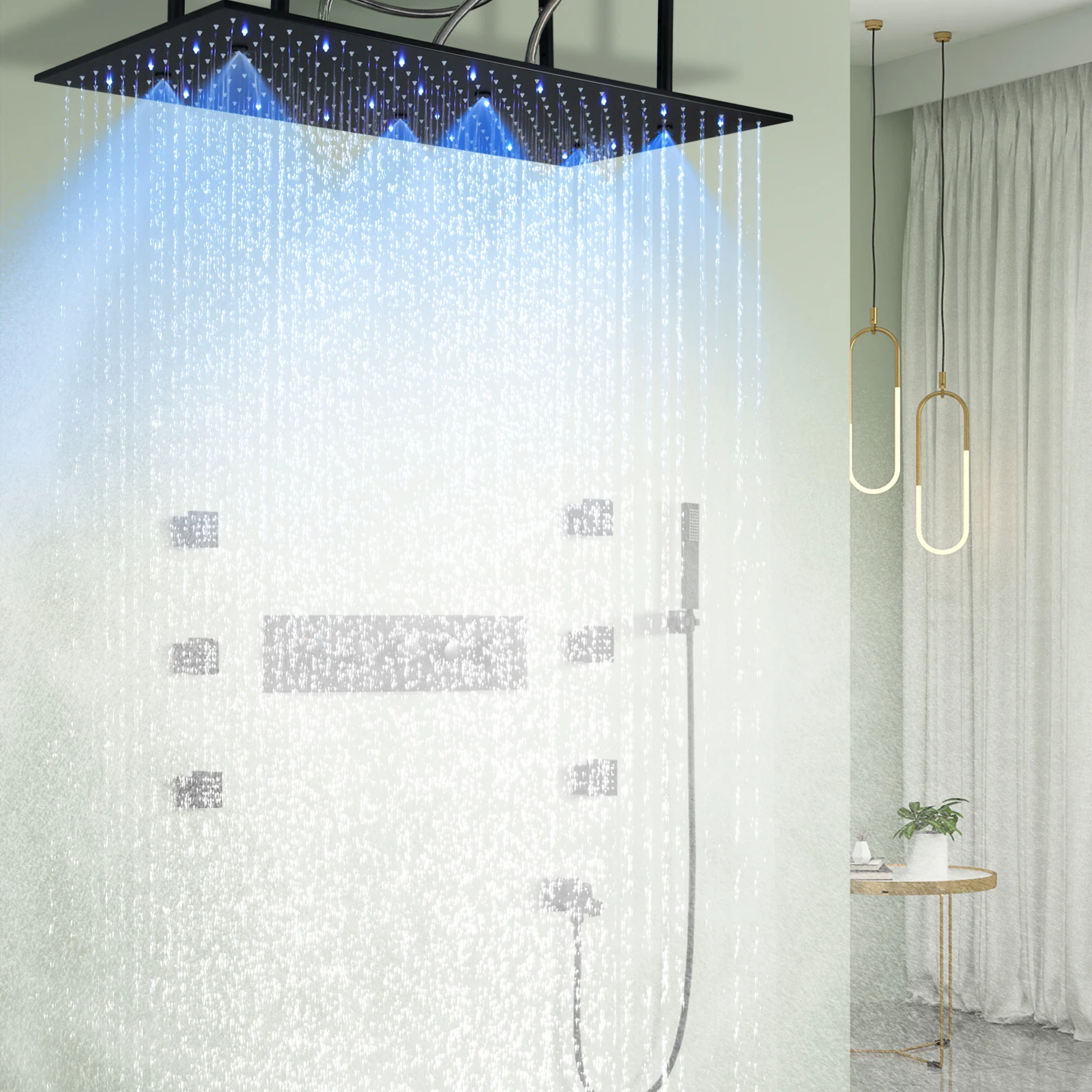 Black 32*16 Inch Hydro Power LED Shower Head Thermostatic Shower Ceiling Embedded Bathroom Rain Mist Shower Faucet Set