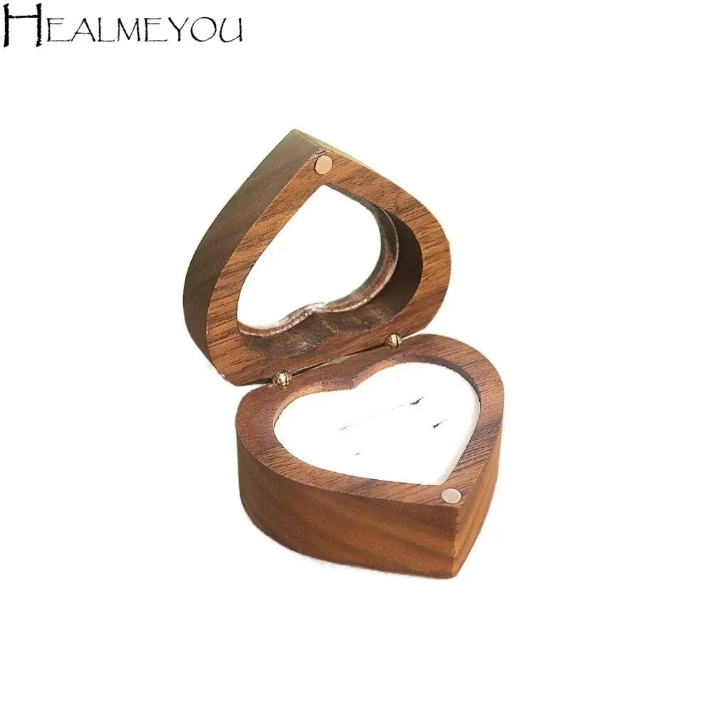 

Simple 2 Slots Heart Rings Holder Magnetic Cover Wedding Walnut Wood Rings Box Storage Proposal Rings Bearer Box Propose