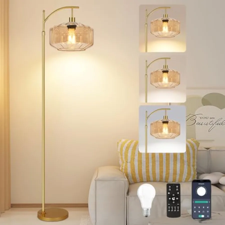

Vintage Floor Lamps for Living Room Glass Floor Lamp with Remote Control, Dimmable Floor Lamp Gold Mid Century Modern Standing