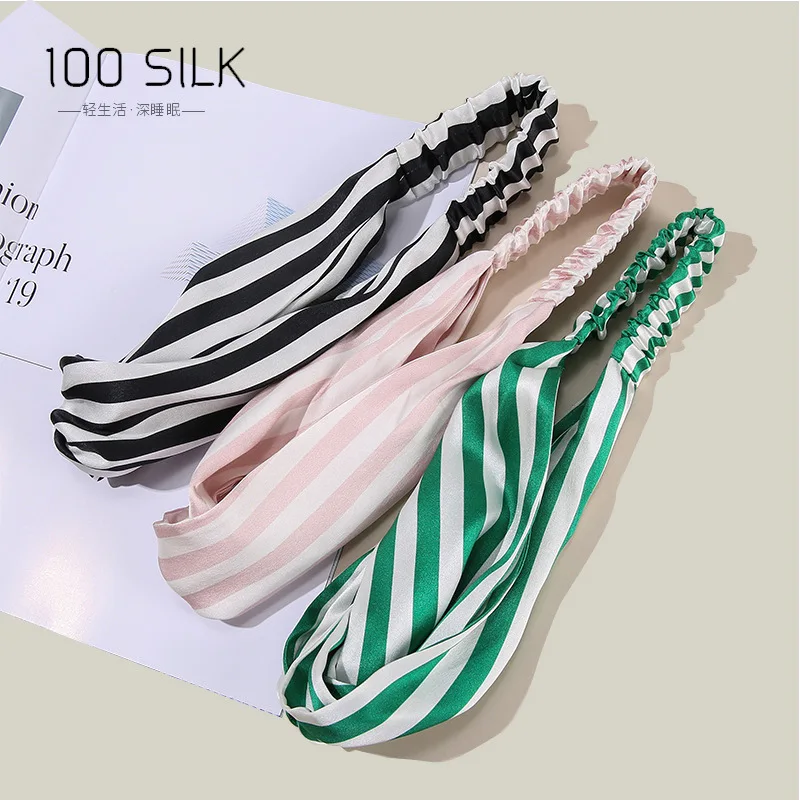 Birdtree, 19MM 100%Real Silk Stripe Headband, Luxury Elastic Hair Band For Women, Fashion Hair Accessories Summer Fall A47021QM