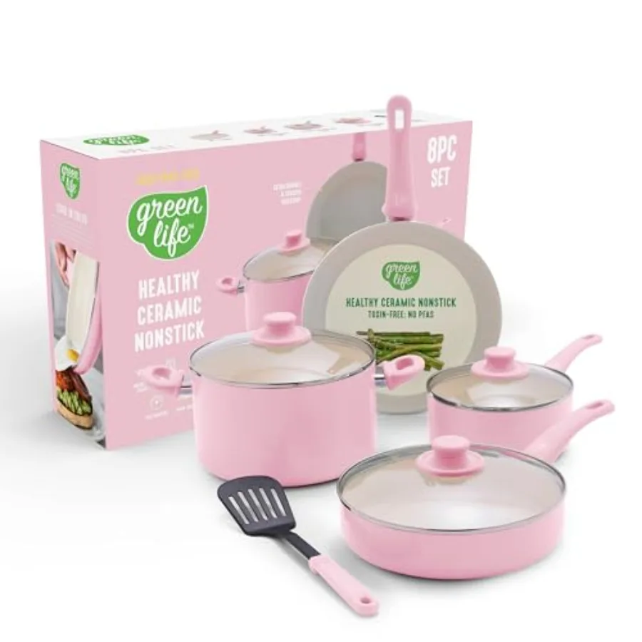 

Набор посуды из 8 предметов с антипригарным покрытием, без ПФАС, керамические кастрюли и сковороды, безопасные для посудомоечной машины и духовки, с крышками из стекла.