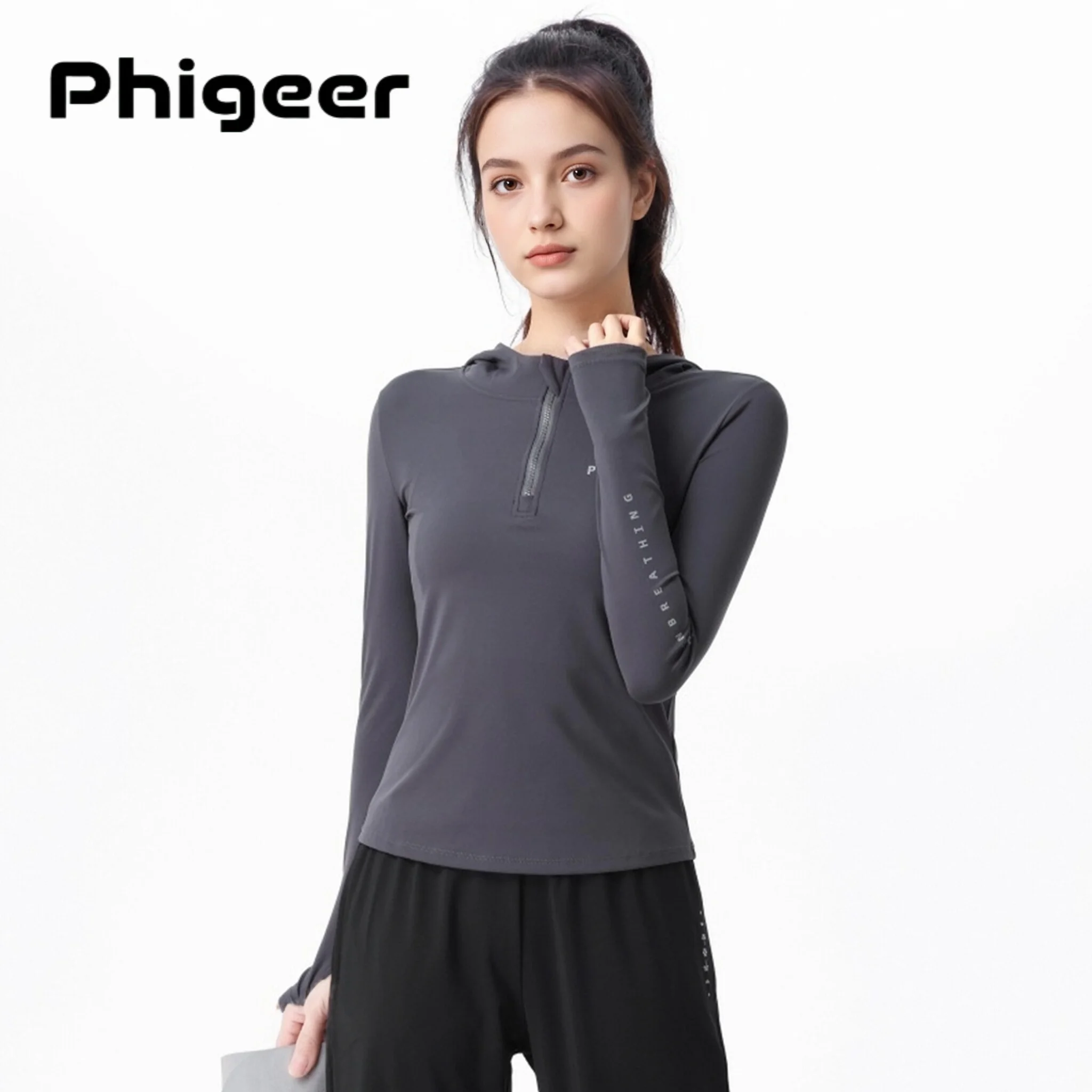 

PHIGEER Lightweight Hooded Gym Top for Women, Full Zip Athletic Gym Running Jackets with Thumb Hole, Spring Autumn Workout Shirt