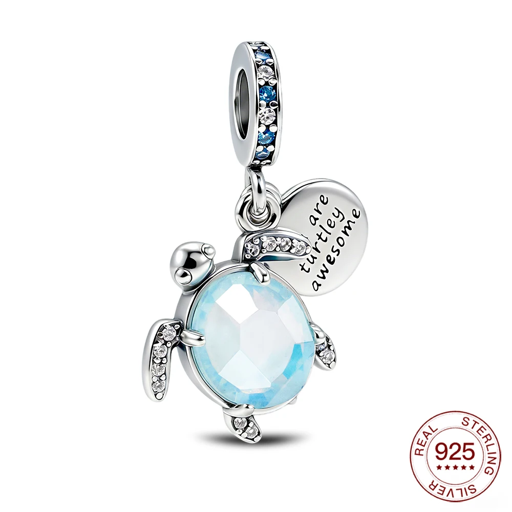 925 Sterling Silver Turtle Dangle Charm with Blue Opal