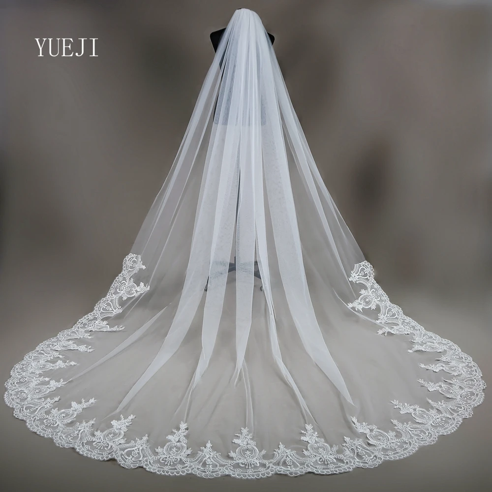 

YUEJI French Bridal Cathedral Wedding Long Trailing Veil Lace Flower Embroidery Craft Single Layer Soft Transparent Tulle V73