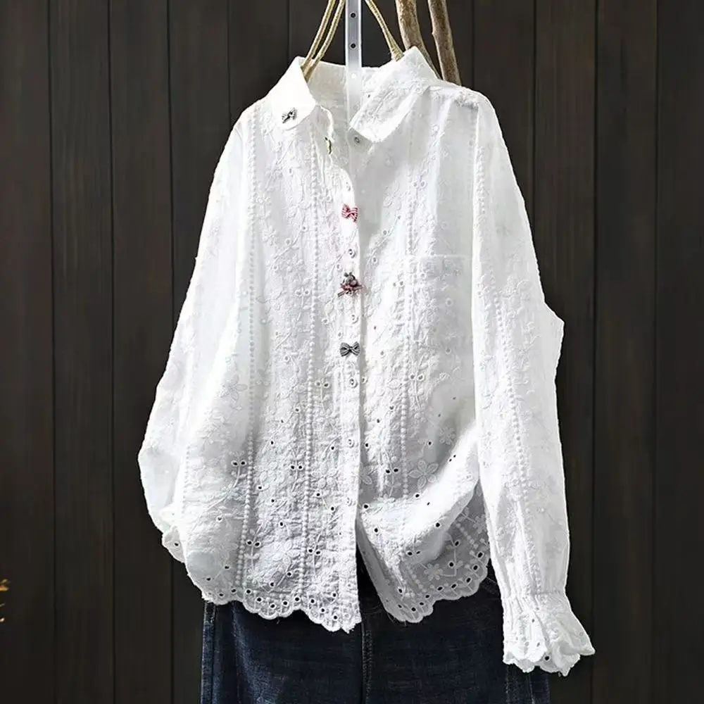 

Mori Kei, весенняя японская винтажная одежда, 100% хлопок, белые кружевные рубашки и блузки с вышивкой, одежда в стиле бохо