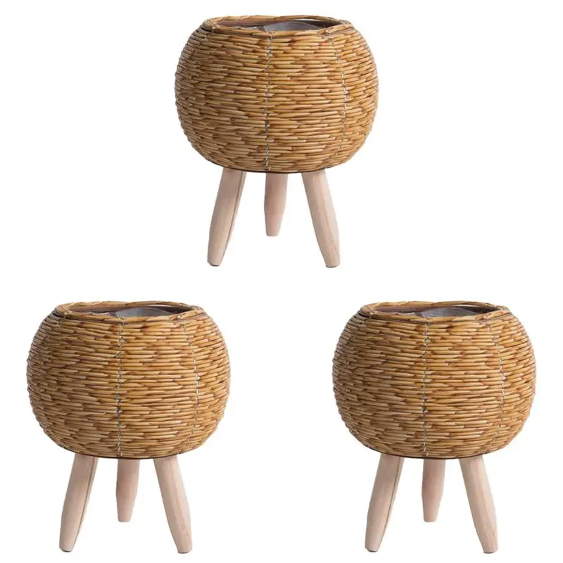 ABSE-3X Vintage Imitation Rattan Woven Flower Shelf Planters Handmade Storage Basket With Wooden Legs Plant Pot Stand,A