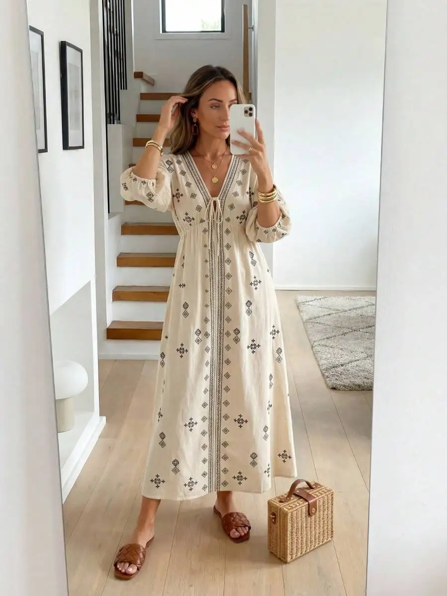 Boho Embroidered V-Neck Maxi Dress With Puff Sleeves, Geometric Pattern, Tie Front And Tassel Detail For Summer Vacation