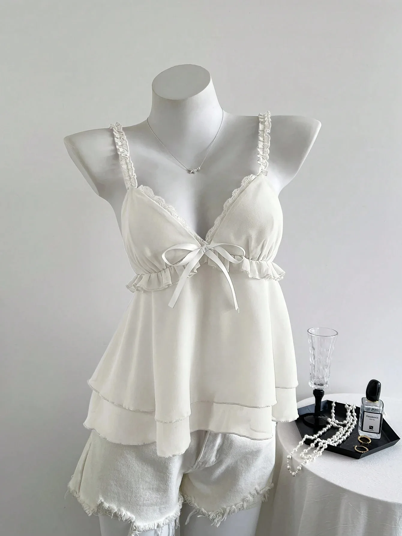 

2026 Summer Lace Fungus Edge Bow Lace-up V-neck Sling Small Vest