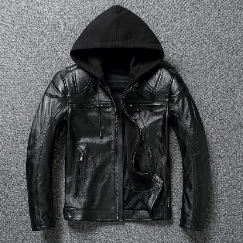 

Мужская куртка из натуральной кожи из воловьей кожи, осенняя мужская одежда, короткие мотоциклетные куртки с капюшоном, стильная Blouson Cuir Homme