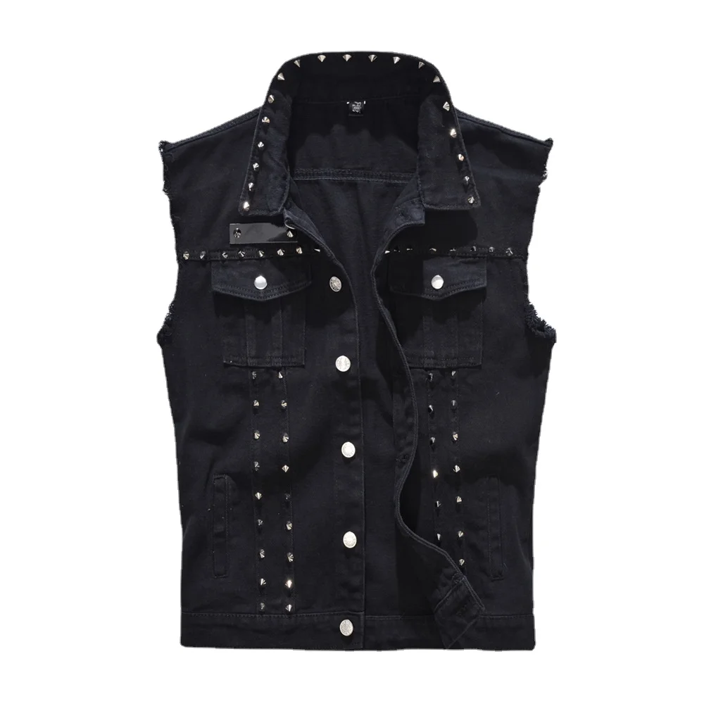 

Men Rivet Denim Vests Jackets Waistcoats Black Denim Coats Vests New Fashion Male Cotton Slim Jeans Waistcoats Jackets Vests 6