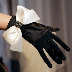 Korean Solid Color Satin Black Bow Rhinestones Studio Photo Wedding Dress Gloves Women Summer Driving Sunscreen Gloves S95