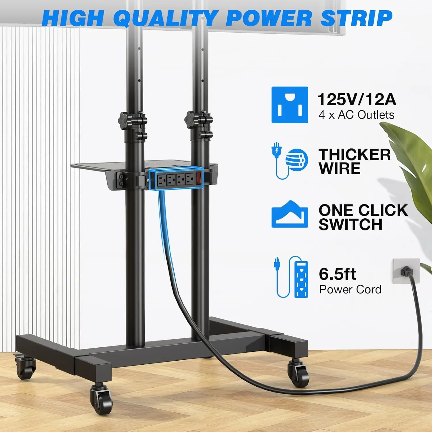 Upgraded Mobile TV Stand with Power Outlet for 32-85 Inch TVs, Heavy Duty Rolling TV Cart on Wheels up to 132 lbs, Height