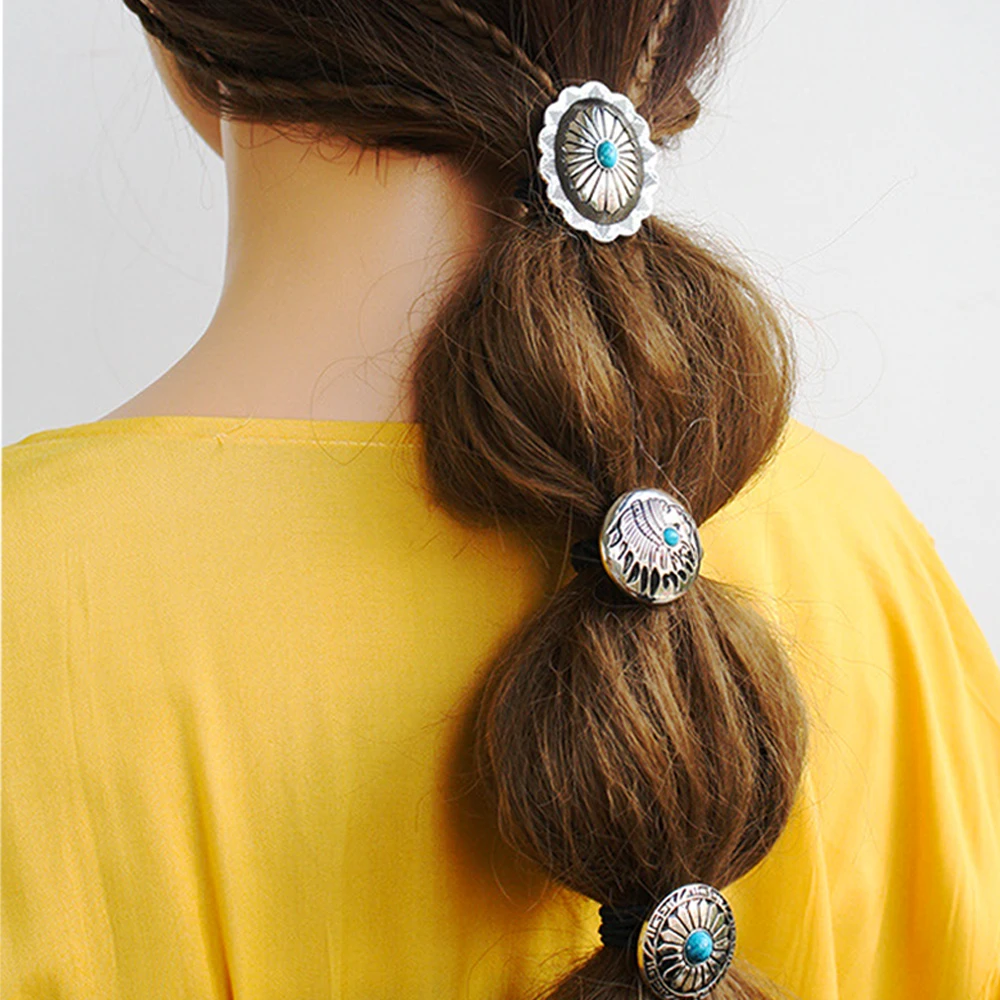 Western Style Hair Rope Metal Turquoise Rubber Band for Women Personality Retro Ponytail Holder Hair Tie Hair Accessories