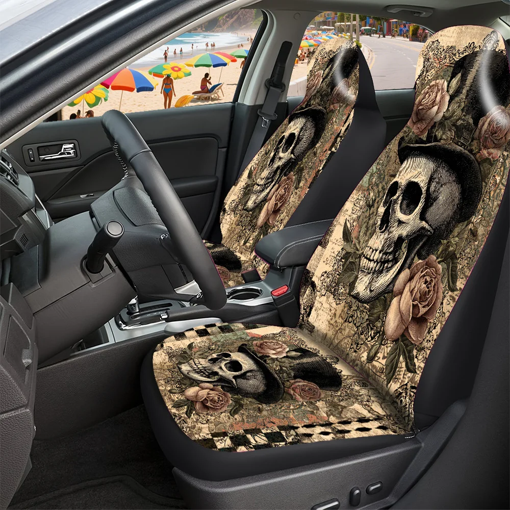2-5 Seat Set Car Seat Covers Premium Polyester Universal Fit For Truck SUV Off-Road Car Stylish Skull Rose Design Perfect For Ha