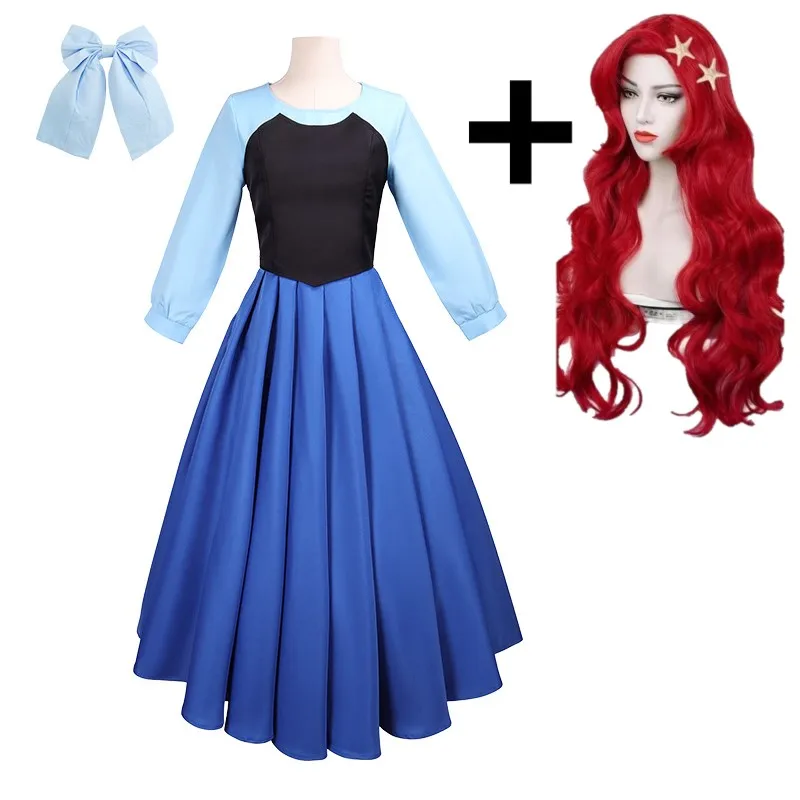 Mermaid Cosplay Ariel Blue Dress wig with Bowknot Headwear for Women  Elegant Princess Ball Gown Halloween Carnival Party Costume - AliExpress