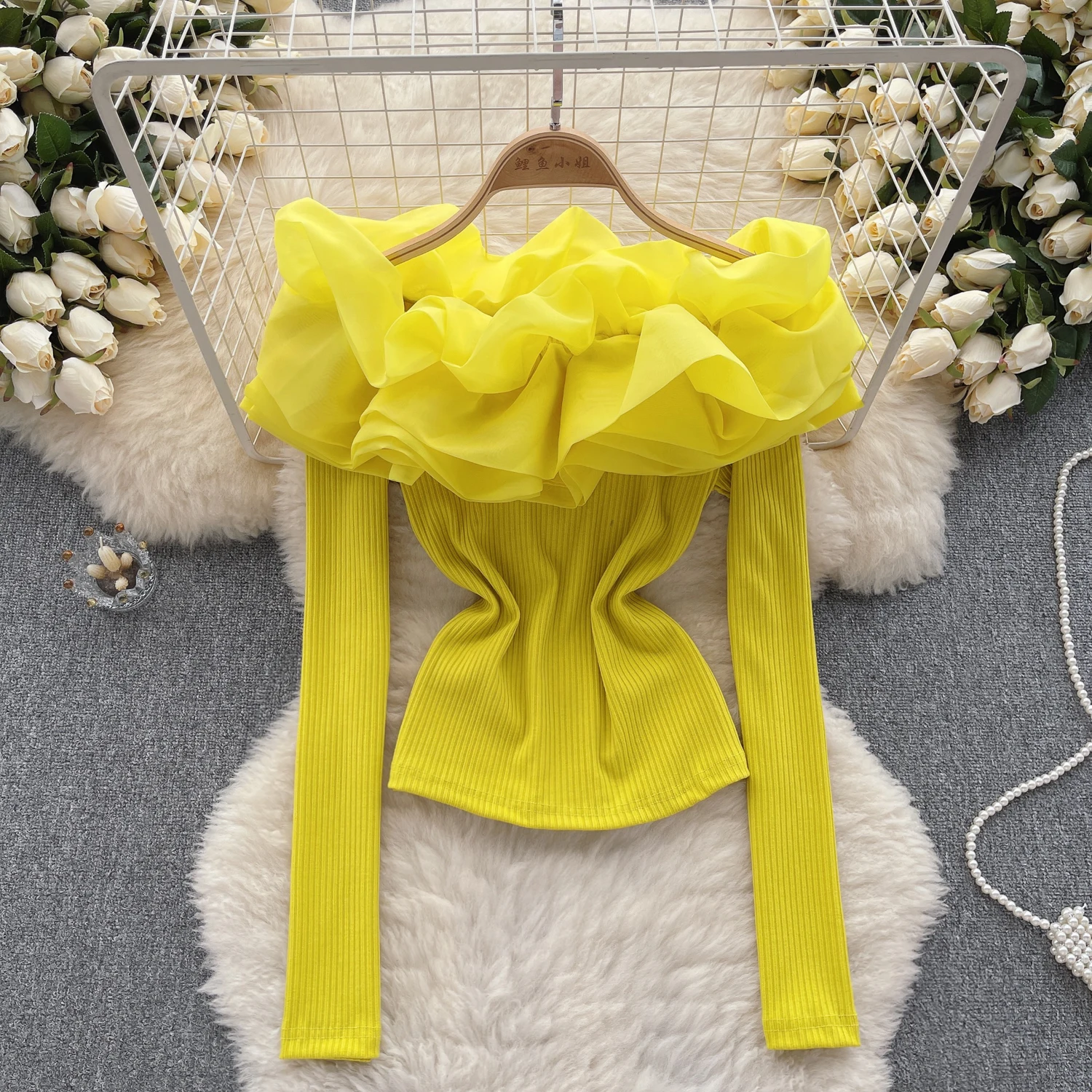 Elegant Ruffle Mesh Long Sleeve Slash Neck T-shirt Chic Korean Fashion Top Women Slim Spring Autumn Casual Slim Knit Shirts