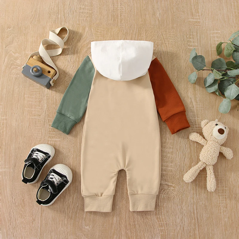 Infant Toddler Unisex Bodysuit Cozy Winter Warmth Hooded Neckline Long Sleeve Patchwork Romper Jumpsuit for Baby Boy Girl