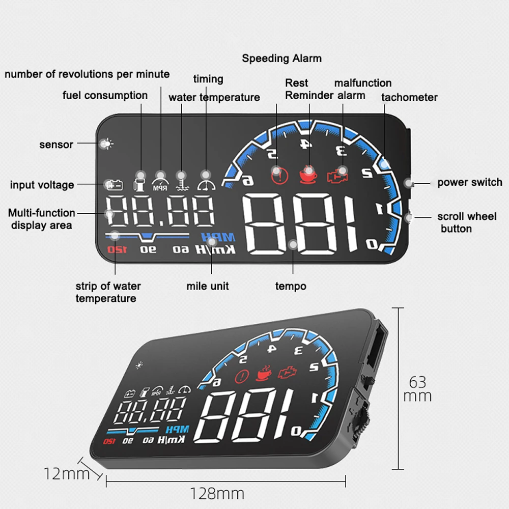 Car Speedometer Digital Display Car Speed Voltage Oil Consumption Water Temperature Total Driving Time Meter Car HeadUp Display