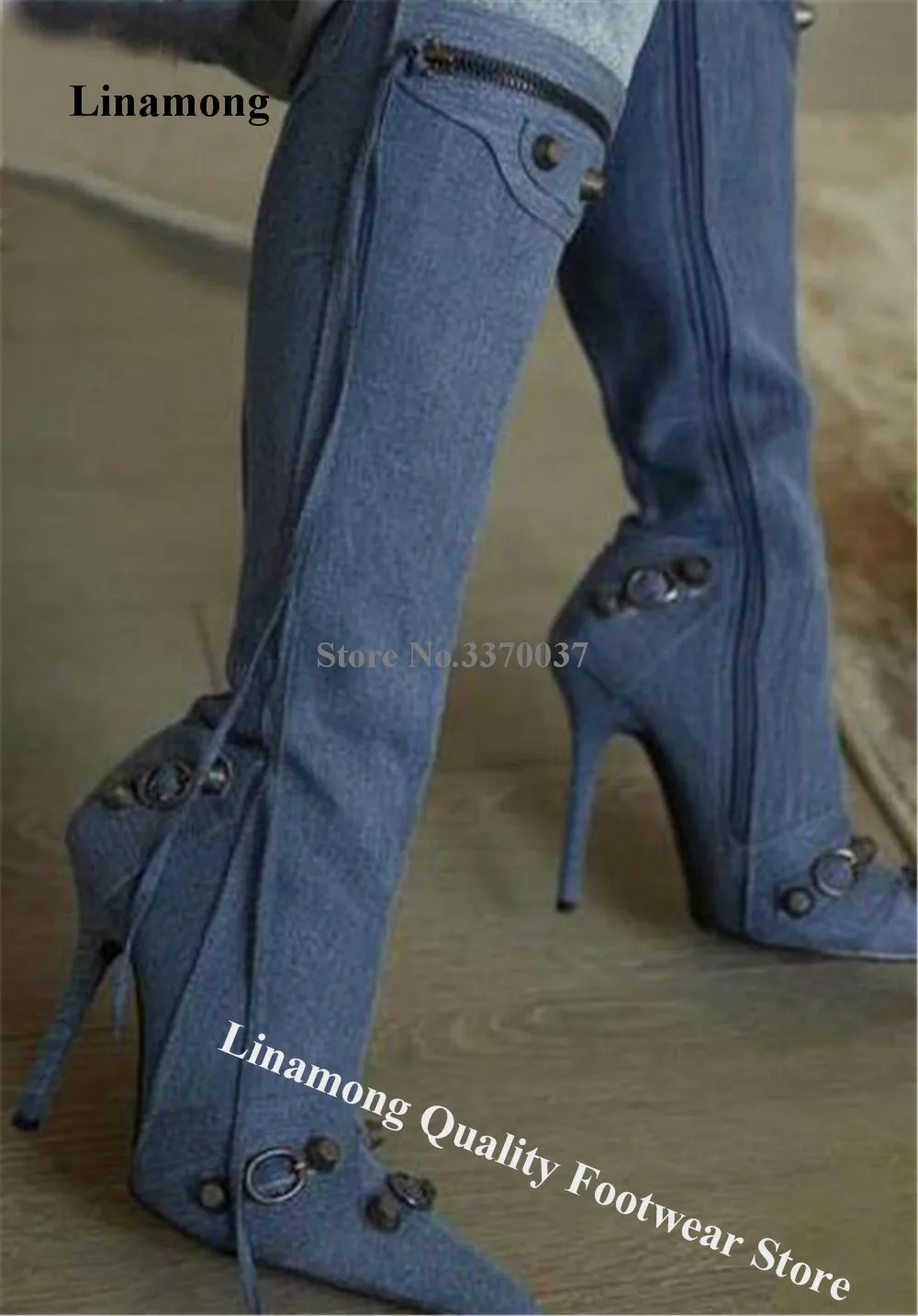 

Linamong Newest Denim Metal Rivets Buckles Knee High Boots Sexy Pointed Toe Blue Zippers Fringes Stiletto Heel Long Boots