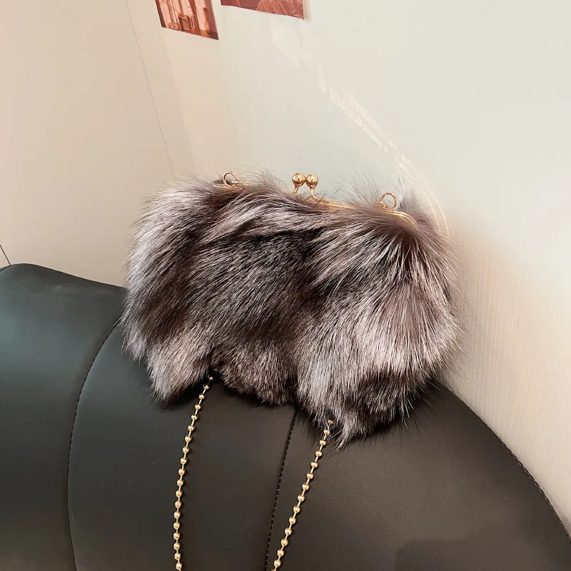 الشتاء الساخن بيع موضة الاتجاه حقيبة صغيرة الثعلب الشعر حقيبة نسائية الراقية الملمس مصمم حقيبة عشاء فاخرة سلسلة حقيبة كتف #3