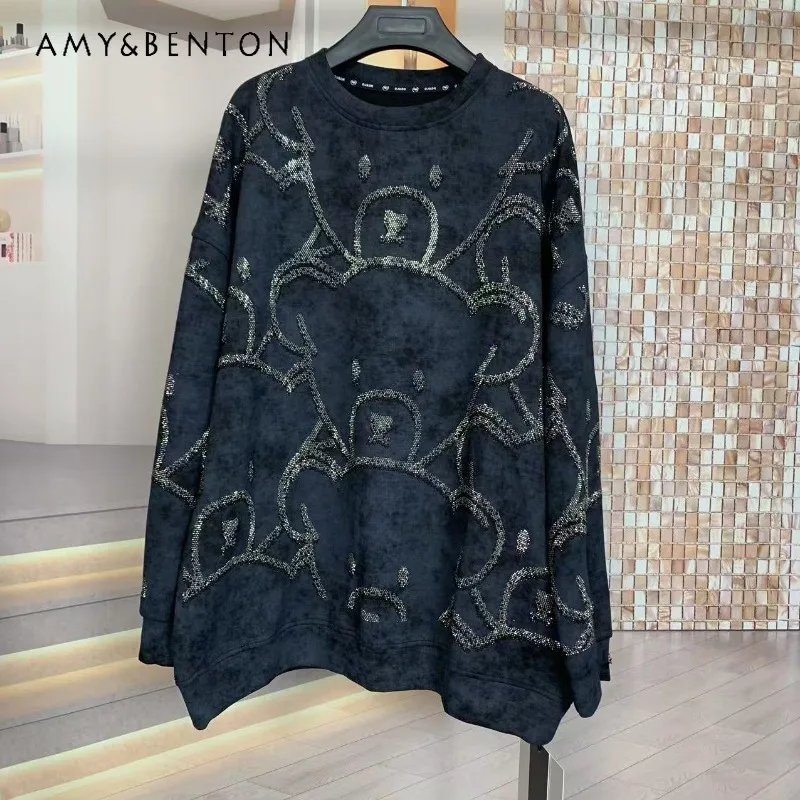 Autumn New Heavy Industry Full Diamond Cartoon Jacket Coat Average Size O-Neck Hoodies Fashion Loose Sweatshirt Top For Ladies