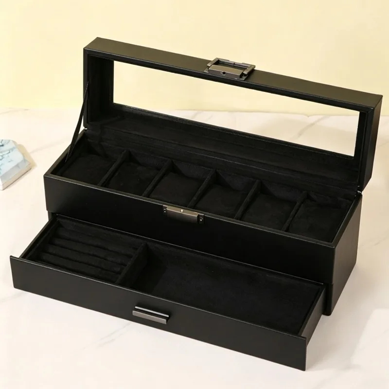 Retro Jewelry Storage Box Leather 6 Slots Watch Display Boxes 2 Layer Ring Packaging Case Luxury Bracelet Earring Organizer Case