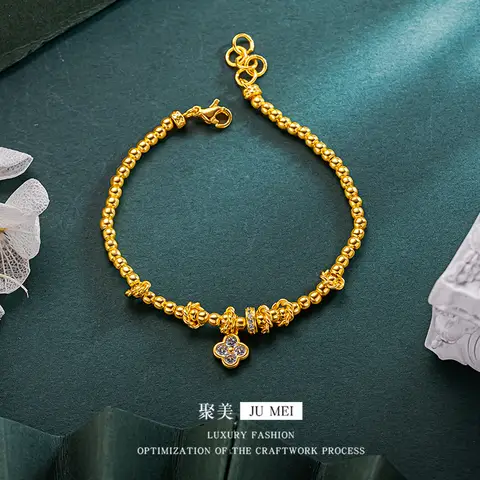 Luxury 24K 9999 Pure Gold Gold shop with four-leaf clover running ring light bead bracelet