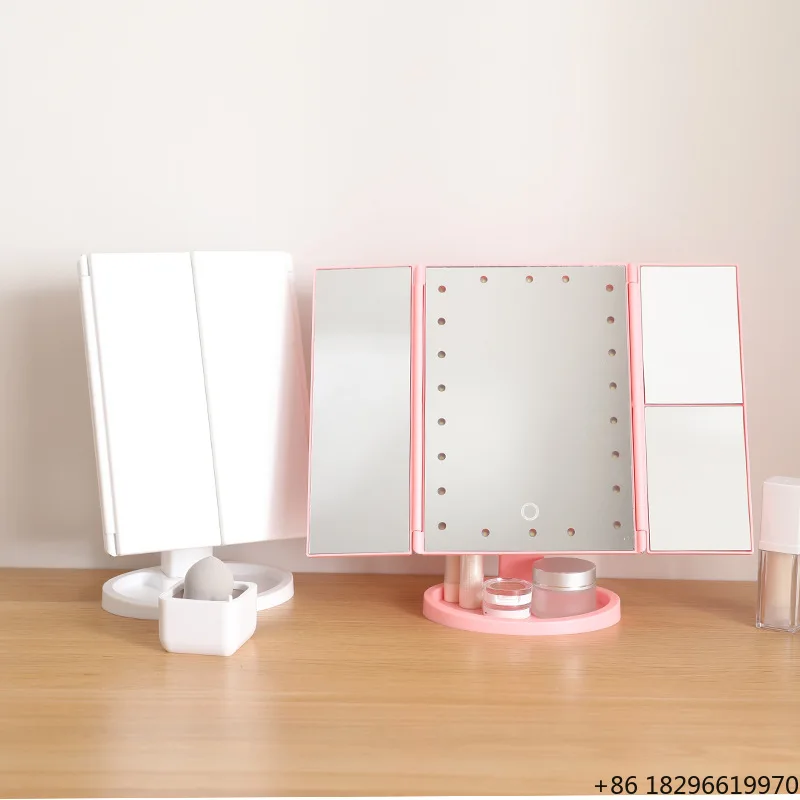Tri-Fold LED Lighted Makeup Mirror Desktop Touch Screen Vanity Mirror Portable Beauty Mirror For Home Travel Makeup Use