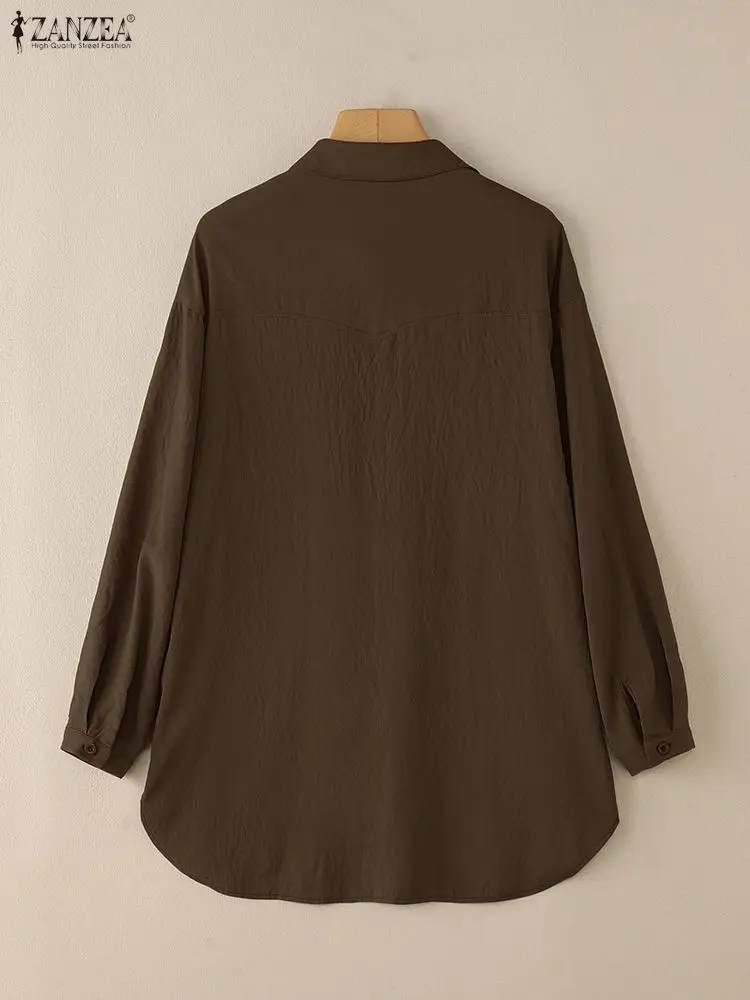Camisas de mujer de gran tamaño, informal, elegante, de manga larga, con cuello abotonado, camisa de mujer con costura ZANZEA, Tops altos y bajos con dobladillo redondeado detallado