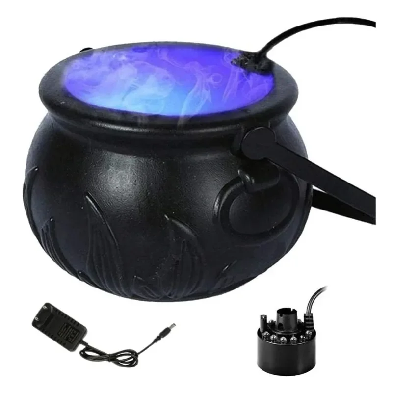 Halloween Witch Jar Cauldron Mist Maker Smoke Fog Machine with Color Light Holiday Party Decoration Prop