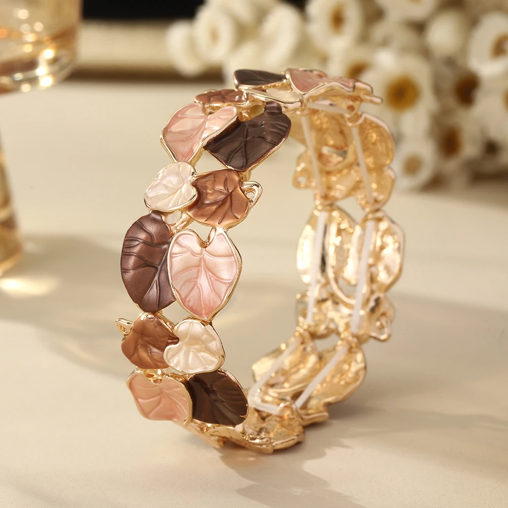 Cring Coco Trendy Bracelet Foldable Leaves Stretchable Luxury Elegant Jewelry Bracelet Zinc Alloy Bracelet Valentine\'s Day Gift