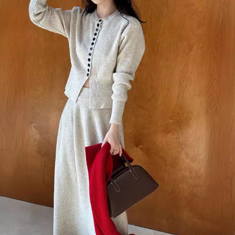 Autumn and Winter New French Solid Color Fashion Knitted Sweater+High Waist Long Dress Two Piece Set