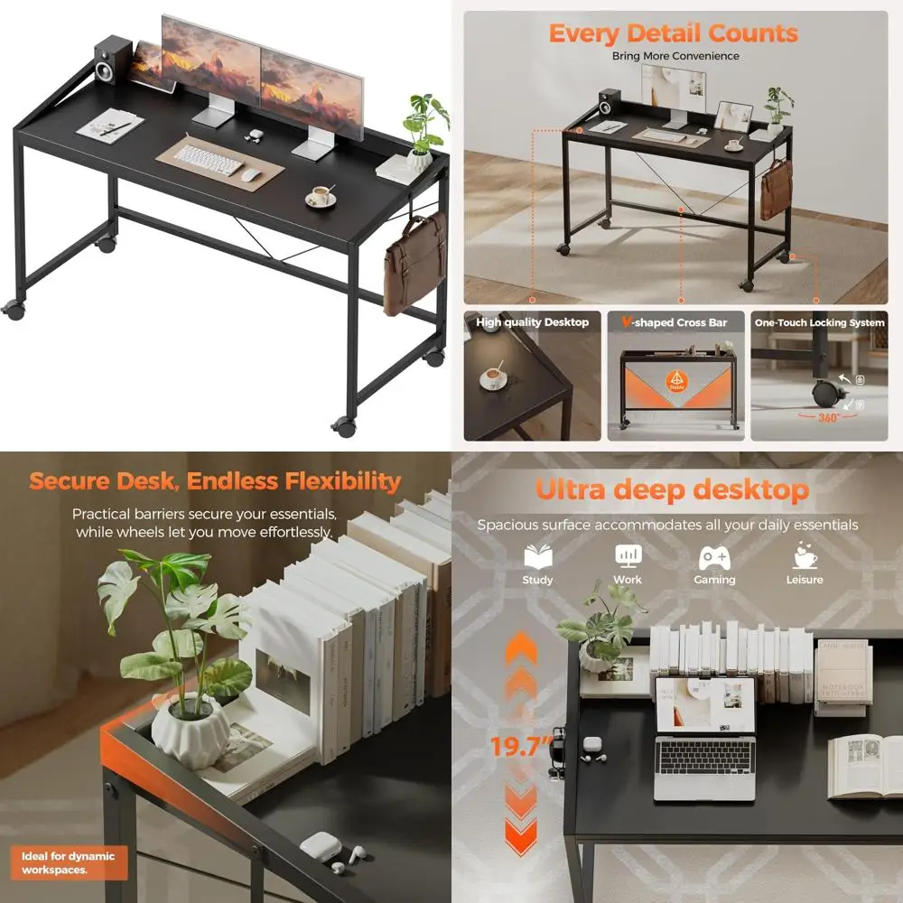 مكتب ألعاب مدمج مع عجلات، طاولة مكتب منزلية على الطراز الحديث للمساحات الصغيرة، مثالية للدراسة والكتابة