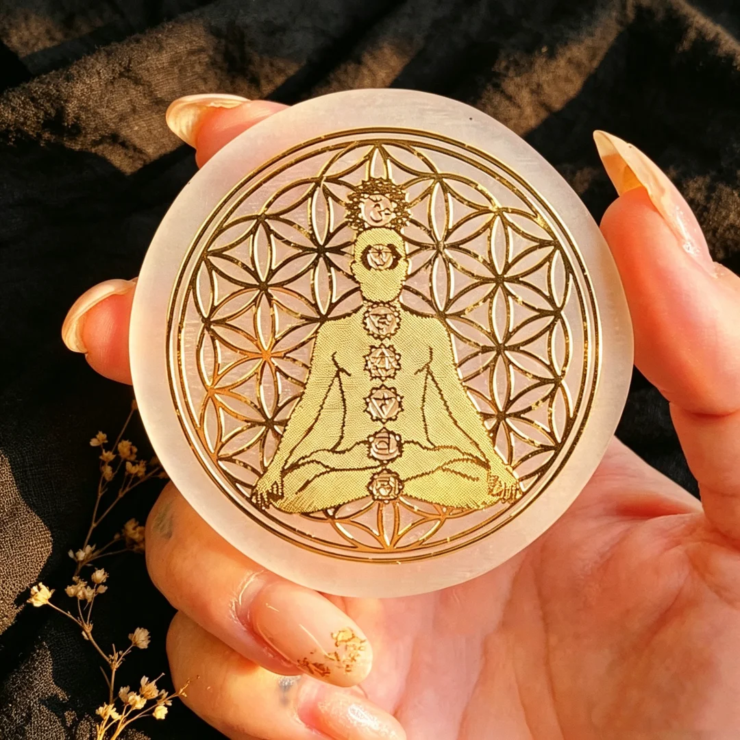 6CM Natural Crystal Selenite Slice Slab White Gypsum 7 Chakras Flower of Life Charging Plate Yoga Meditation Fengshui Healing