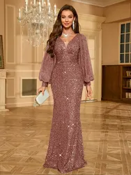 V-neck shiny floor-length shiny long sleeve evening dress autumn luxury sequin shiny evening dress 2024