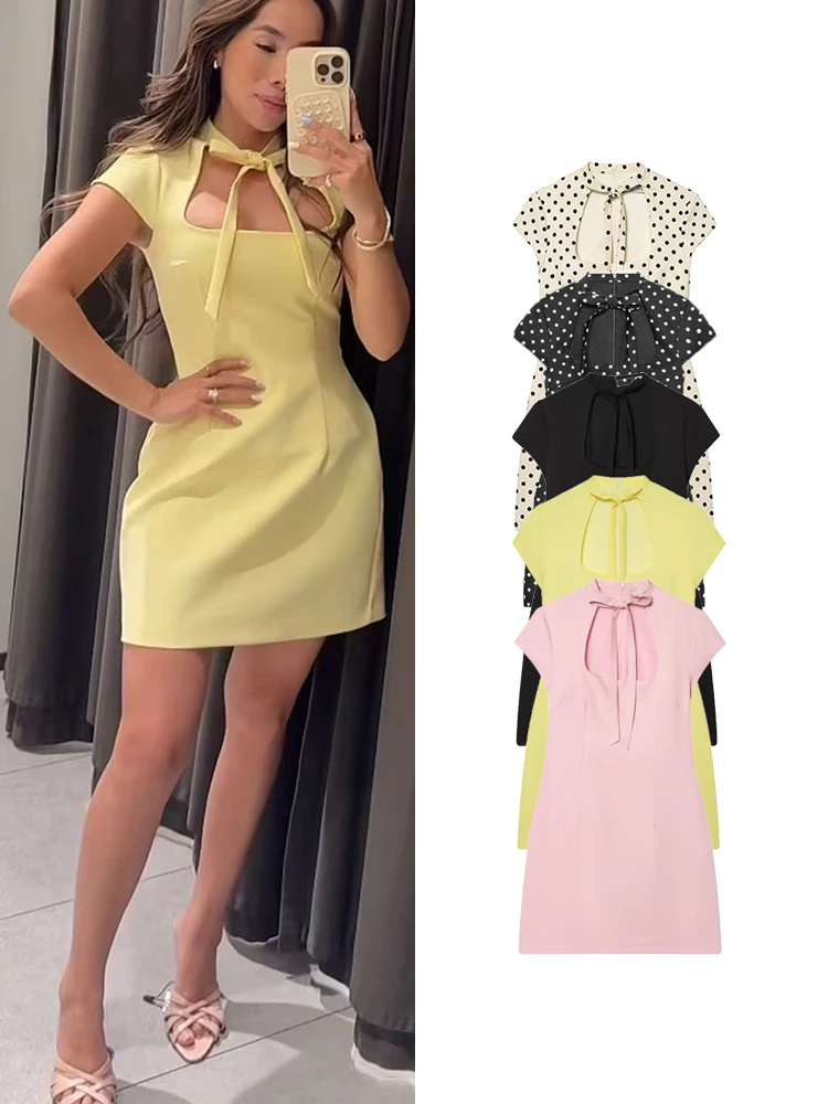 TFMLN Damen Minikleid mit Schleife vorne, gepunktet, kurzärmelig, figurbetontes Kleid, Sommer, sexy Ausschnitt, modisches Partykleid